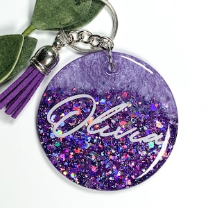 Personalized Gifts, Custom Keychains for Women, Purple Glitter Keychain, Bridesmaids Gift, School Backpack Charm, Handmade Keyring, Key ring