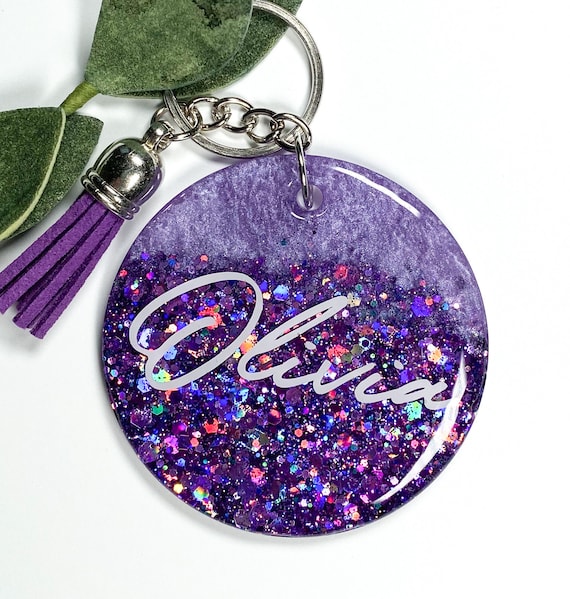 Handmade Glitter Resin Initial Keychain ~Glow In The Dark ~Choose Letter  ~Purple