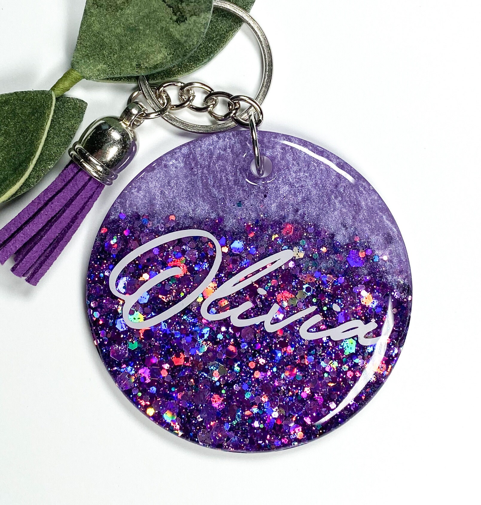 Personalized Gifts, Custom Keychains for Women, Purple Glitter Keychain, Bridesmaids Gift, School Backpack Charm, Handmade Keyring, Key ring