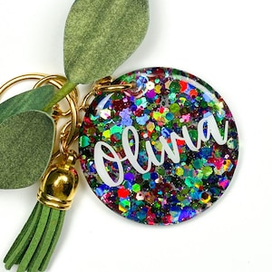 Custom Name Resin Green Glitter Keychain, Unique Womens Gifts, Car Accessories, Guest Favors for Tote Bags, Friends Birthday Gifts