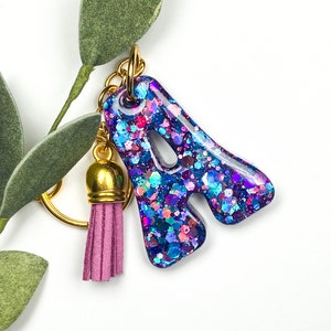 Glitter Resin Letter Keychain, Custom Initial Purple Blue Key Charm, Purse Monogram Key Chain, Kids Backpack Key Ring Tag, Gifts for her