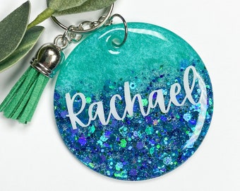 Teal Green Custom Keychain, Personalized Gifts, Name Key Ring, Purse Charm, Glitter Luggage Tag, Handmade Round Key Chain