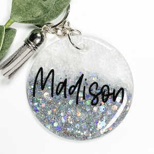 Personalized Keychain, Round Name Key Ring, Custom Silver Backpack Name Tag, Bag Charm, Circle Resin Key Chain, Name Key Ring