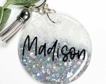 Personalized Keychain, Round Name Key Ring, Custom Silver Backpack Name Tag, Bag Charm, Circle Resin Key Chain, Name Key Ring