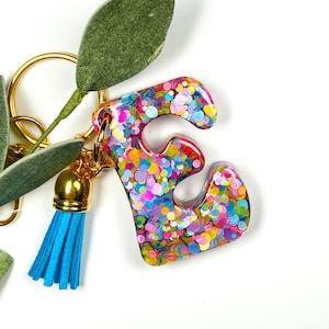 Confetti Glitter Resin Letter Keychain, Custom Initial Neon Dots Key Charm, Purse Monogram Key Chain, Colorful Kids Backpack Key Ring Tag