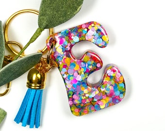 Confetti Glitter Resin Letter Keychain, Custom Initial Neon Dots Key Charm, Purse Monogram Key Chain, Colorful Kids Backpack Key Ring Tag