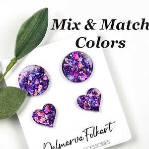 Purple Glitter Stud Heart Earrings, Round Studs, Cute Stud Earring Set for Girls, Great Women’s Gifts, Stocking Stuffers