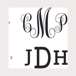 May include: Two different monogram designs. The first design is a cursive monogram with the letters CMP. The second design is a block letter monogram with the letters JDH.