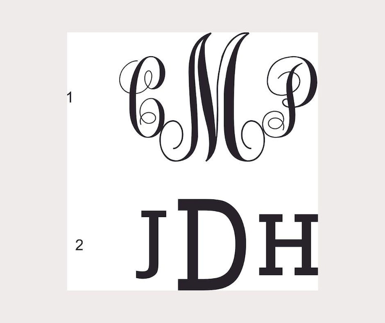 May include: Two different monogram designs. The first design is a cursive monogram with the letters CMP. The second design is a block letter monogram with the letters JDH.
