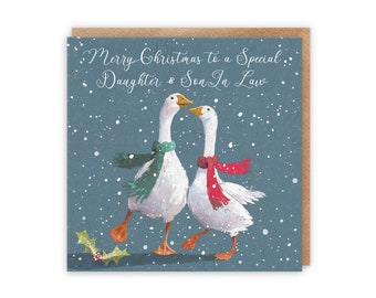 Daughter And Son In Law Stunning Fun Artistic Christmas Card - Merry Christmas To A Special Daughter & Son In Law - Festive Geese