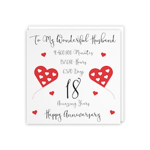 Romantic Husband 18th Wedding Anniversary Card - To My Wonderful Husband - 18 Amazing Years - Timeless Collection
