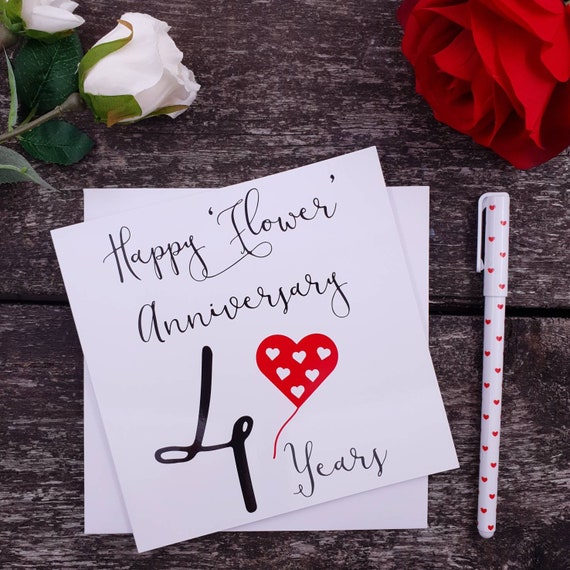 4th Wedding Anniversary Card Flower Anniversary Red Heart Etsy