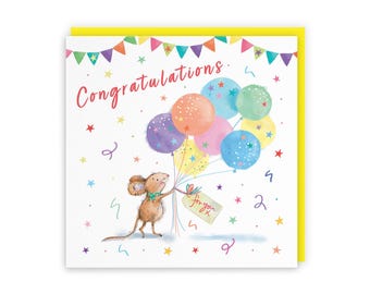 Hunts England - Cute Artistic Congratulations Card - Colourful Balloons - Cute, Stars, Cheerful, Fun - For Him, Her, Women, Men, Boys,