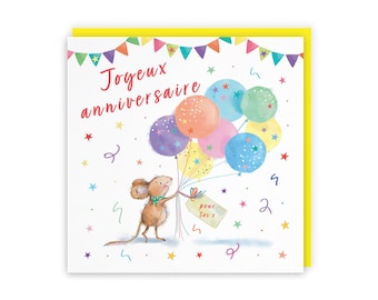 Hunts England - Cute French Language Birthday Card - Joyeux Anniversaire - Colourful Balloons - Cute, Stars, Cheerful, Fun - For Him, Her,