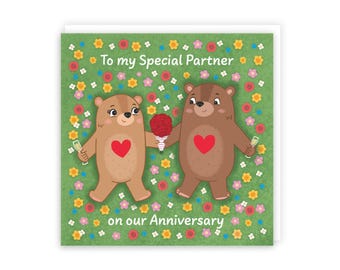 Hunts England - Cute Flowery Bears Partner Anniversary Card - Fun Bears Anniversary Card - Love Story