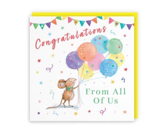 Hunts England - Cute Artistic From All Of Us Congratulations Card - Colourful Balloons - Cute, Stars, Cheerful, Fun - For Him, Her, Women,