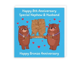 Hunts England - Same Sex Nephew And Husband 8th Anniversary Card - Bronze Anniversary - Eighth Anniversary - 8 Years - Cute Fun Bears