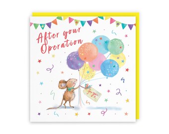 Hunts England - Cute Artistic After Operation Get Well Card - Colourful Balloons - Cute, Stars, Cheerful, Fun - For Him, Her, Women, Men,