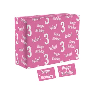 Hunts England - 3rd Birthday Pink Fun Wrapping Paper And Gift Tags For Girl - Age 3 Female Folded Gift Wrap - Urban Colour Collection