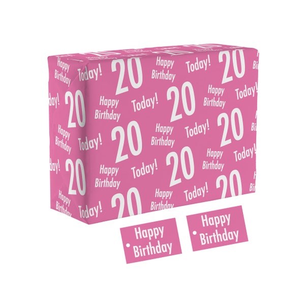 Hunts England - 20th Birthday Pink Fun Wrapping Paper And Gift Tags For Women - Age 20 Female Gift Wrap - Urban Colour - Age Twenty
