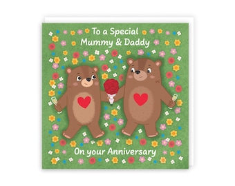 Hunts England - Cute Flowery Bears Mummy And Daddy Anniversary Card - Fun Bears Anniversary Card For Parents - Love Story