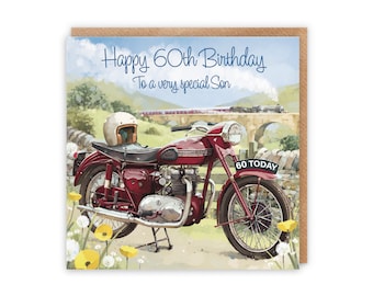 Tarjeta de cumpleaños número 60 del hijo de Hunts England - Feliz cumpleaños número 60 - Para un hijo muy especial - Motocicleta clásica - Impresionante tarjeta de cumpleaños número 60 del hijo