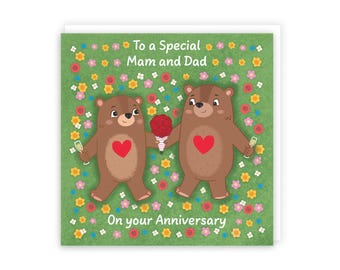 Hunts England - Cute Flowery Bears Mam And Dad Anniversary Card - Fun Bears Anniversary Card For Parents - Love Story