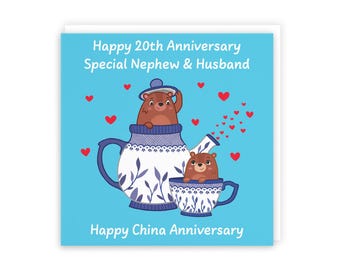 Hunts England - Same Sex Nephew And Husband 20th Anniversary Card - China Anniversary - 20 Years - Cute Fun Bears Card - Love Story