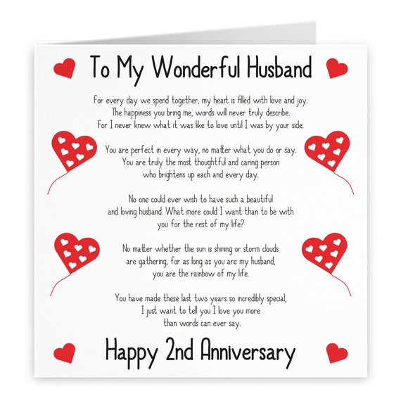 Romantic Husband 2nd Wedding Anniversary Love Verse Card - To My Wonderful  Husband - Happy 2nd Anniversary - Romantic Verses Collection