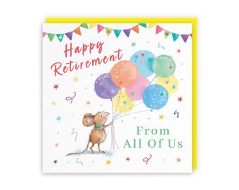 Hunts England - Cute Artistic From All Of Us Retirement Card - Congratulations - Colourful Balloons - Cute, Stars, Cheerful, Fun - For Him,