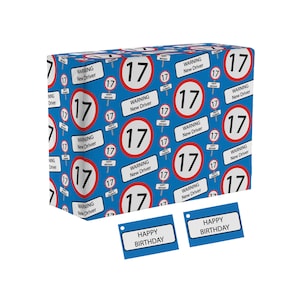 Hunts England - Funny 17th Birthday Fun Wrapping Paper And Gift Tags - Blue - Age 17 Folded Gift Wrap For Him/Her - Road Sign