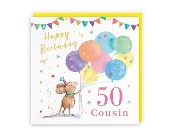 Hunts England - Cute Artistic Female Cousin 50th Birthday Card - Gold Foil - Colourful Balloons - Cute, Stars, Cheerful, Fun - Fifty, Age