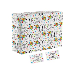 Hunts England - 60th Birthday Fun Wrapping Paper And Gift Tags - Age 60 Folded Gift Wrap For Him/Her - Iconic Collection - Age Sixty