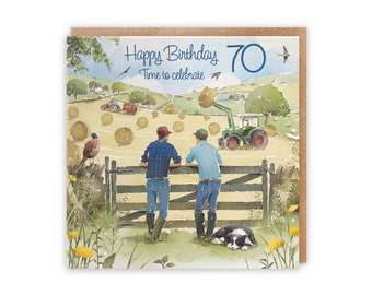 Hunts England - Tarjeta de cumpleaños número 70 de Farmers Fun para él - 70 años - 'Haymaking' - Agricultores y tractores - Tarjeta de cumpleaños agrícola de setenta años