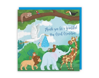 New Baby Great Grandson Cute Thank You Card - Thank You For A Beautiful New Great Grandson - Newborn - From Grandparents - Blue - Stork