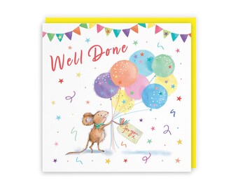 Hunts England - Cute Artistic Well Done Congratulations Card - Colourful Balloons - Cute, Stars, Cheerful, Fun - For Him, Her, Women, Men,