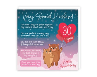 Hunts England - Husband 30th Anniversary Card - Starry Night - Cute Bears - Verse 30th Anniversary Card For Husband - Cute Poem Husband