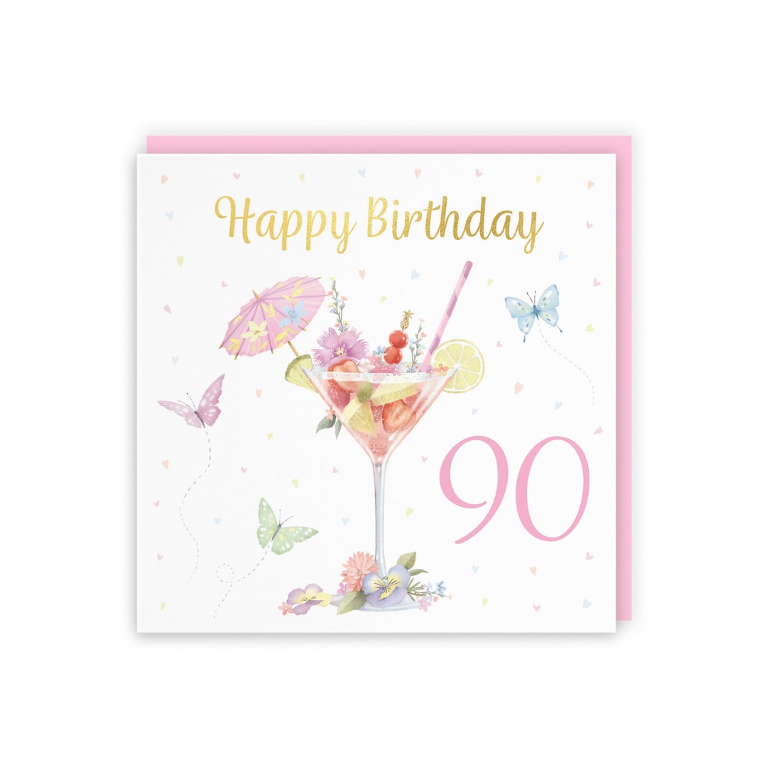 Hunts England Pink Cocktail and Butterflies Elegant 90th Birthday Card ...