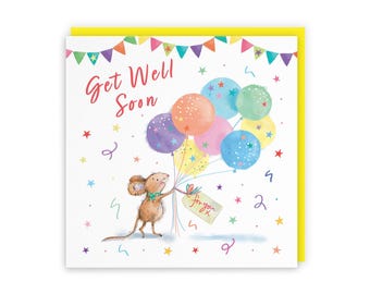 Hunts England - Cute Artistic Get Well Card - Colourful Balloons - Cute, Stars, Cheerful, Fun - For Him, Her, Women, Men, Boys, Girls,