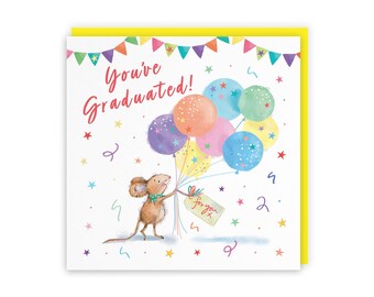 Hunts England - Cute Artistic Graduation Card - Congratulations - Colourful Balloons - Cute, Stars, Cheerful, Fun - For Him, Her, Men,