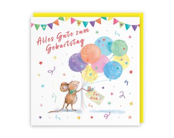 Hunts England - German Language Birthday Card - Alles Gute Zum Geburtstag - Colourful Balloons - Cute, Stars, Cheerful, Fun - For Him, Her,