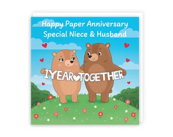 Hunts England - Niece And Husband 1st Anniversary Card - Paper Anniversary - First Anniversary - 1 Year - Cute Fun Bears Card - Love