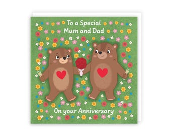 Hunts England - Cute Flowery Bears Mum And Dad Anniversary Card - Fun Bears Anniversary Card For Parents - Love Story