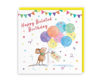 Hunts England - Cute Artistic Belated Birthday Card - Colourful Balloons - Cute, Stars, Cheerful, Fun - For Him, Her, Women, Men, Boys,