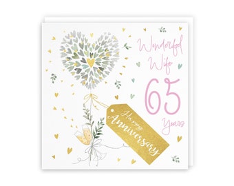 Hunts England - Wife 65th Anniversary Card - 65 Years Wife - Contemporary Hearts - Gold Foil - Fun 65th Wedding Anniversary Card For Wife