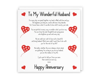 Romantic Husband Wedding Anniversary Love Verse Card - To My Wonderful Husband - Happy Anniversary - Romantic Verses Collection