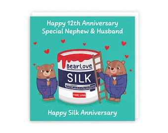 Hunts England - Same Sex Nephew And Husband 12th Anniversary Card - Silk Anniversary - 12 Years - Cute Fun Bears Card - Love Story