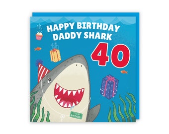 Daddy 40th Cute Shark Birthday Card - Happy Birthday - Daddy Shark - 40 - Ocean Collection - Choose Standard Or Large