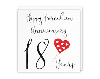 18th Wedding Anniversary Card - Happy Porcelain Anniversary - 18 Years - Red Heart Collection - Choose Standard Or Large