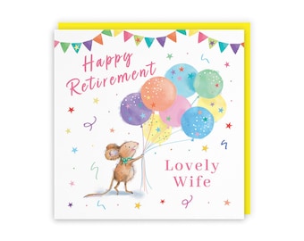 Hunts England - Cute Artistic Wife Retirement Card - Congratulations - Colourful Balloons - Cute, Stars, Cheerful, Fun - Female, For Her,